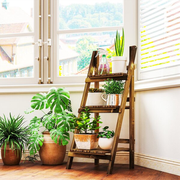 Outsunny Trojhákový Dřevěný Stojan na Rostliny Skládací Police na Rostliny pro Vnitřní a Venkovní Terasu Zahradu Balkon 40x37x93 cm Přírodní | Aosom