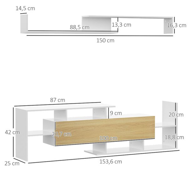 HOMCOM Sada nábytku do obývacího pokoje - TV stolek pro TV do 65" zavěšený na stěně nebo do 40" stojící na zemi, TV stůl 153,6x25x42 cm a nástěnná pol