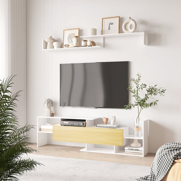 HOMCOM Sada nábytku do obývacího pokoje - TV stolek pro TV do 65" zavěšený na stěně nebo do 40" stojící na zemi, TV stůl 153,6x25x42 cm a nástěnná pol