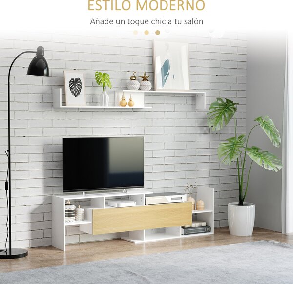 HOMCOM Sada nábytku do obývacího pokoje - TV stolek pro TV do 65" zavěšený na stěně nebo do 40" stojící na zemi, TV stůl 153,6x25x42 cm a nástěnná pol