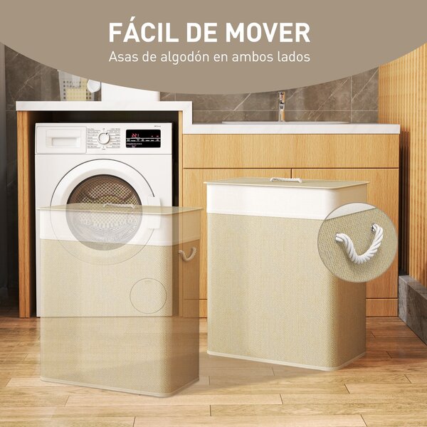 HOMCOM Bambusový koš na prádlo s víkem 100L Koš na prádlo se 2 přihrádkami a vyjímatelným vnitřním pytlem pro laundry room a ložnici 52x32x63 cm Příro