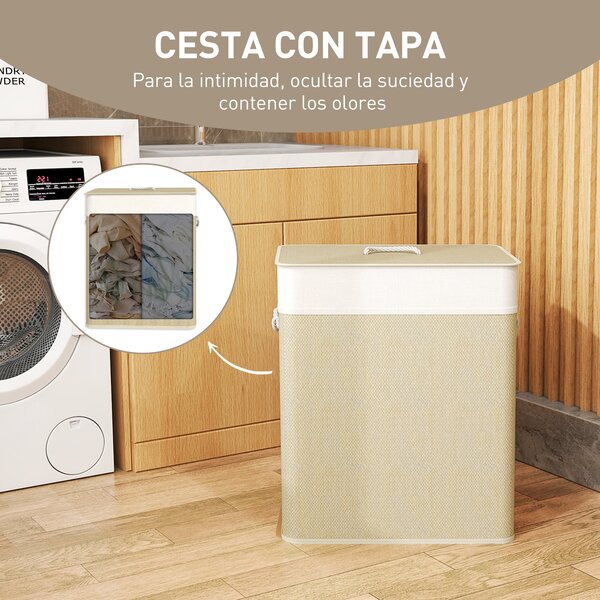 HOMCOM Bambusový koš na prádlo s víkem 100L Koš na prádlo se 2 přihrádkami a vyjímatelným vnitřním pytlem pro laundry room a ložnici 52x32x63 cm Příro