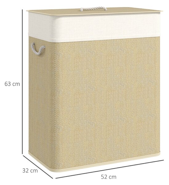 HOMCOM Bambusový koš na prádlo s víkem 100L Koš na prádlo se 2 přihrádkami a vyjímatelným vnitřním pytlem pro laundry room a ložnici 52x32x63 cm Příro
