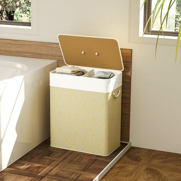 HOMCOM Bambusový koš na prádlo s víkem 100L Koš na prádlo se 2 přihrádkami a vyjímatelným vnitřním pytlem pro laundry room a ložnici 52x32x63 cm Příro