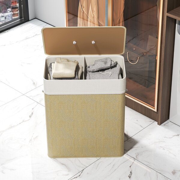 HOMCOM Bambusový koš na prádlo s víkem 100L Koš na prádlo se 2 přihrádkami a vyjímatelným vnitřním pytlem pro laundry room a ložnici 52x32x63 cm Příro