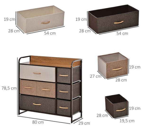 HOMCOM Textilní Komoda s 7 Skládacími Zásuvkami, Dřevěný Přední Panel a Kovový Rám pro Ložnici a Obývací Pokoj 80x29x78,5 cm | Aosom