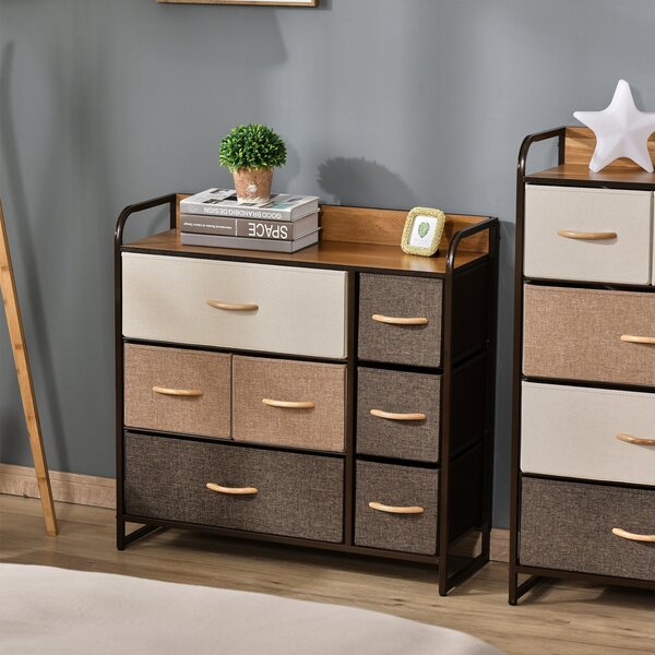 HOMCOM Textilní Komoda s 7 Skládacími Zásuvkami, Dřevěný Přední Panel a Kovový Rám pro Ložnici a Obývací Pokoj 80x29x78,5 cm | Aosom