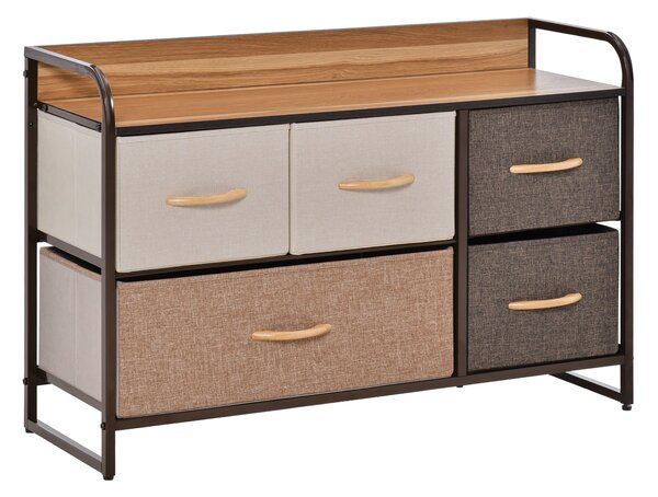 HOMCOM Textilní Komoda do Ložnice s 5 Skládacími Šuplíky, Dřevěným Vrchem a Kovovým Rámečkem do Obývacího Pokoje 87,5x29x58 cm Multicolor | Aosom