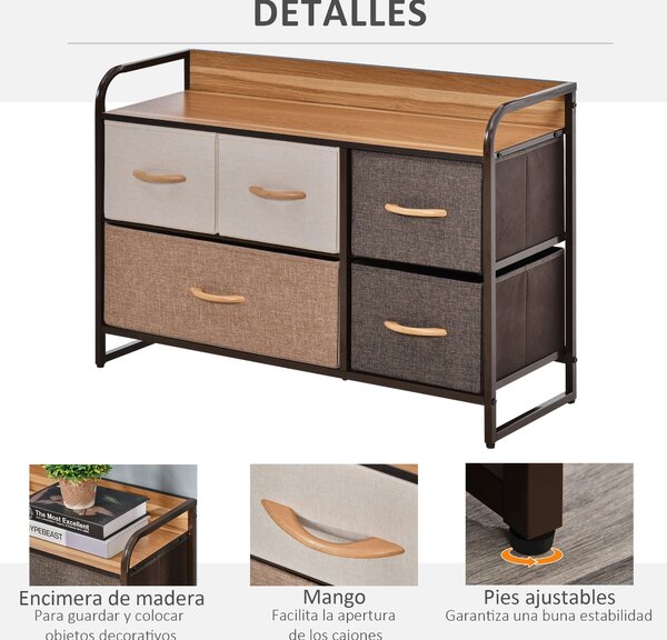 HOMCOM Textilní Komoda do Ložnice s 5 Skládacími Šuplíky, Dřevěným Vrchem a Kovovým Rámečkem do Obývacího Pokoje 87,5x29x58 cm Multicolor | Aosom