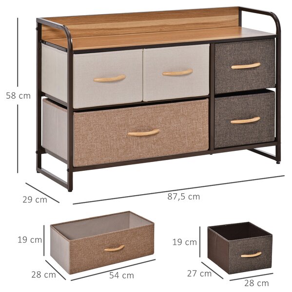 HOMCOM Textilní Komoda do Ložnice s 5 Skládacími Šuplíky, Dřevěným Vrchem a Kovovým Rámečkem do Obývacího Pokoje 87,5x29x58 cm Multicolor | Aosom