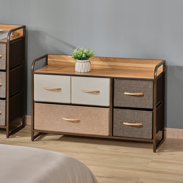 HOMCOM Textilní Komoda do Ložnice s 5 Skládacími Šuplíky, Dřevěným Vrchem a Kovovým Rámečkem do Obývacího Pokoje 87,5x29x58 cm Multicolor | Aosom