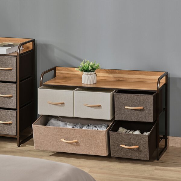 HOMCOM Textilní Komoda do Ložnice s 5 Skládacími Šuplíky, Dřevěným Vrchem a Kovovým Rámečkem do Obývacího Pokoje 87,5x29x58 cm Multicolor | Aosom