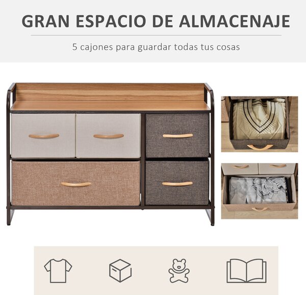 HOMCOM Textilní Komoda do Ložnice s 5 Skládacími Šuplíky, Dřevěným Vrchem a Kovovým Rámečkem do Obývacího Pokoje 87,5x29x58 cm Multicolor | Aosom
