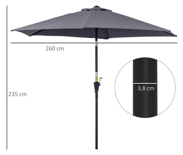Zahradní slunečník Outsunny z hliníku Ø260x235 cm s naklápěcí konstrukcí, klikou a 6 kovovými tyčemi - Šedý | Aosom