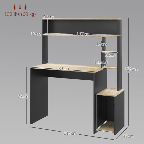 HOMCOM Stůl s policemi Moderní počítačový stůl s podstavcem na monitor CPU Kancelářské studium 114x45x138 cm Šedá a přírodní | Aosom