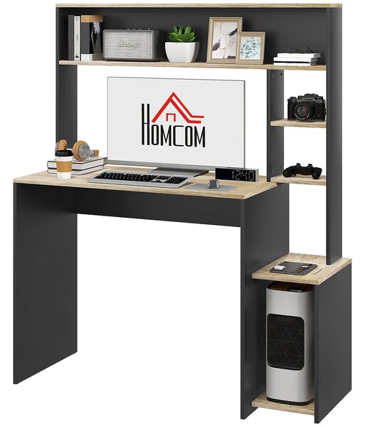 HOMCOM Stůl s policemi Moderní počítačový stůl s podstavcem na monitor CPU Kancelářské studium 114x45x138 cm Šedá a přírodní | Aosom