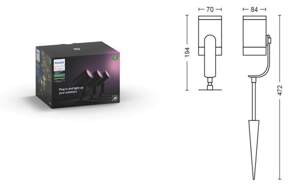 17414/30/P7 Hue WACA Lily 3SET venkovní spotové LED svítidlo 8W 650lm 2200-6500K IP65 černá +adaptér