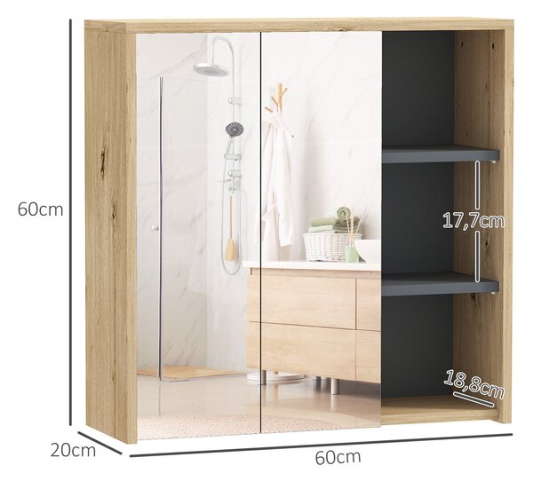 HOMCOM Koupelnová skříňka s zrcadlem - Nástěnná koupelnová skříňka se zrcadlem a policemi, moderní styl 60x20x60 cm, přírodní dřevo | Aosom