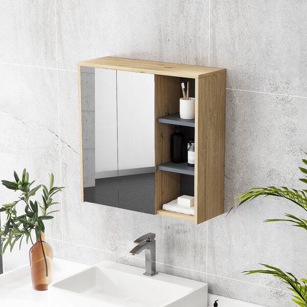 HOMCOM Koupelnová skříňka s zrcadlem - Nástěnná koupelnová skříňka se zrcadlem a policemi, moderní styl 60x20x60 cm, přírodní dřevo | Aosom