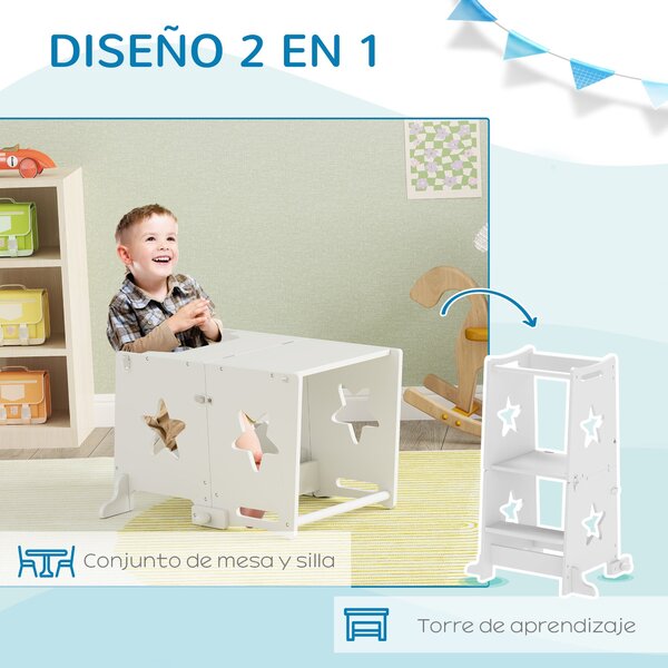 AIYAPLAY 2 v 1 Dětská Učební Věž a Stolička pro Děti od 3 let, Převoditelná na Stůl a Židli se Zábranou 60x44,5x86 cm Bílá | Aosom