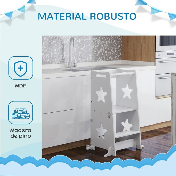 AIYAPLAY 2 v 1 Dětská Učební Věž a Stolička pro Děti od 3 let, Převoditelná na Stůl a Židli se Zábranou 60x44,5x86 cm Bílá | Aosom