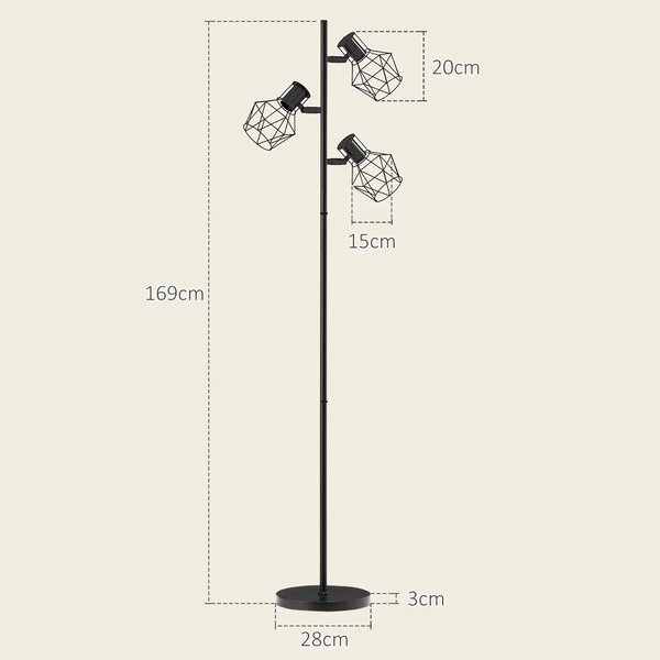 Stojací lampa se 3 samostatně ovládanými svítidly, černá, 169 cm B31-492V90BK