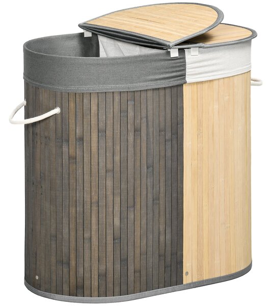 HOMCOM Koš na prádlo z bambusu s kapacitou 100L a víkem, s odnímatelným pytlem se 2 přihrádkami 62,5x37x60,5 cm Šedý a přírodní | Aosom