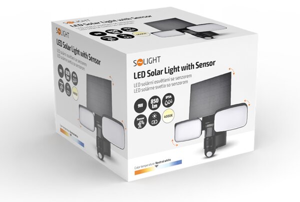 Solight LED solární osvětlení se senzorem, 9W, 850lm, 4000K, Li-Ion, černá WO7203