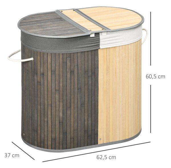 HOMCOM Koš na prádlo z bambusu s kapacitou 100L a víkem, s odnímatelným pytlem se 2 přihrádkami 62,5x37x60,5 cm Šedý a přírodní | Aosom