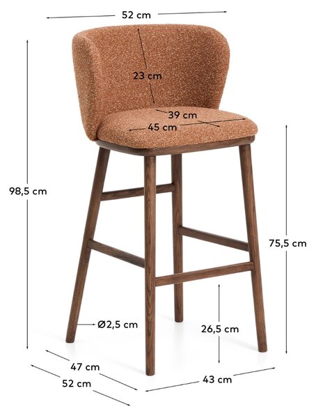 Kave Home Terakotová barová židle Ciselia 75 cm s ořechovou podnoží