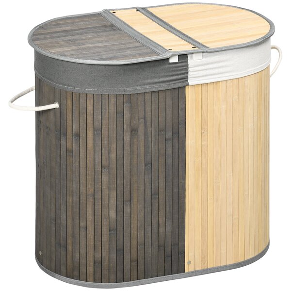 HOMCOM Koš na prádlo z bambusu s kapacitou 100L a víkem, s odnímatelným pytlem se 2 přihrádkami 62,5x37x60,5 cm Šedý a přírodní | Aosom