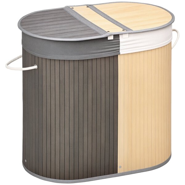 HOMCOM Koš na prádlo z bambusu s kapacitou 100L a víkem, s odnímatelným pytlem se 2 přihrádkami 62,5x37x60,5 cm Šedý a přírodní | Aosom
