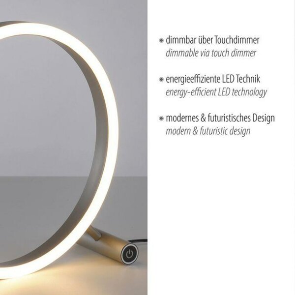 LEUCHTEN DIREKT is JUST LIGHT LED stolní lampa hliník, kruhová, pr.30cm, dotykový stmívač, Switchmo, teplá bílá 3000K