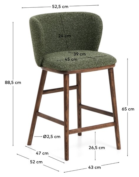 Kave Home Zelená barová židle Ciselia 65 cm s ořechovou podnoží