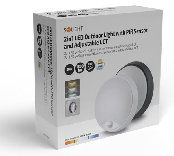Solight LED venkovní osvětlení se senzorem, 3 CCT, 15/18/20W, 1800lm, 22cm, 2v1 - bílý a černý kryt WO780-2