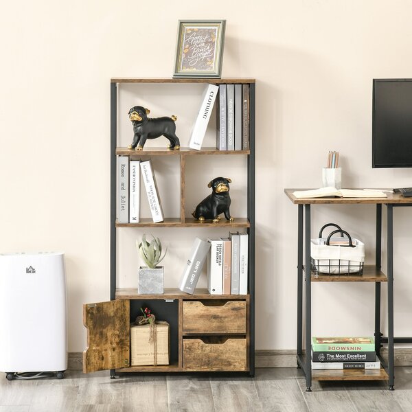 HOMCOM Knihařský regál s kabinetem a 2 úložnými šuplíky, průmyslový styl, 58x24x122 cm, rustikální hnědá | Aosom