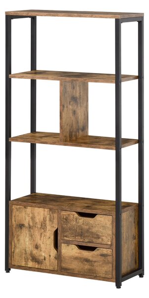 HOMCOM Knihařský regál s kabinetem a 2 úložnými šuplíky, průmyslový styl, 58x24x122 cm, rustikální hnědá | Aosom