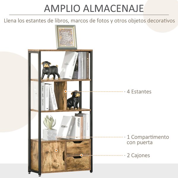 HOMCOM Knihařský regál s kabinetem a 2 úložnými šuplíky, průmyslový styl, 58x24x122 cm, rustikální hnědá | Aosom