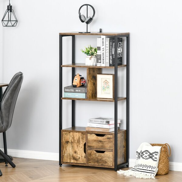 HOMCOM Knihařský regál s kabinetem a 2 úložnými šuplíky, průmyslový styl, 58x24x122 cm, rustikální hnědá | Aosom