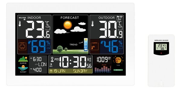 Solight meteostanice, extra velký barevný LCD, teplota, vlhkost, tlak, RCC, USB nabíjení, bílá TE81W-XL