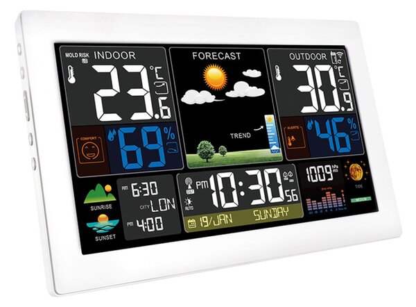 Solight meteostanice, extra velký barevný LCD, teplota, vlhkost, tlak, RCC, USB nabíjení, bílá TE81W-XL