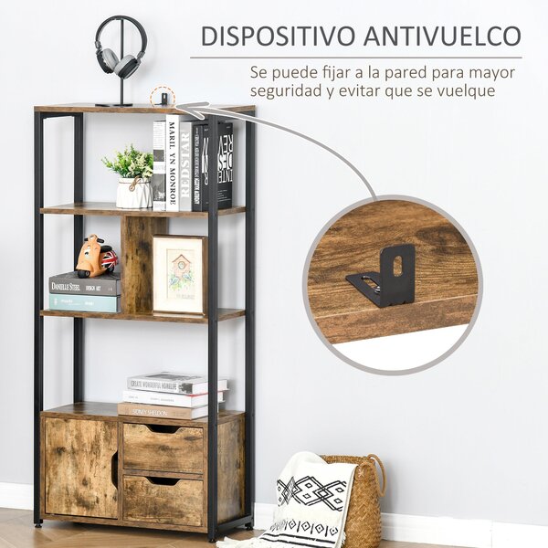 HOMCOM Knihařský regál s kabinetem a 2 úložnými šuplíky, průmyslový styl, 58x24x122 cm, rustikální hnědá | Aosom