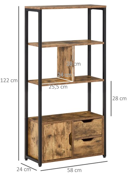 HOMCOM Knihařský regál s kabinetem a 2 úložnými šuplíky, průmyslový styl, 58x24x122 cm, rustikální hnědá | Aosom