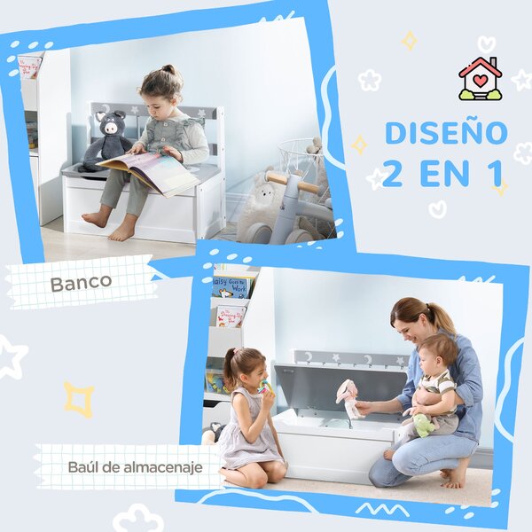 ZONEKIZ 2-v-1 Dětský úložný box od 18 měsíců s pomalým zavíráním víka, úložná lavice pro dětský pokoj, nosnost 50 kg, 60x30x50 cm, šedá a bílá | Aosom
