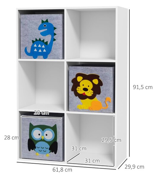 Dětská police na hračky ZONEKIZ pro děti od 3 let se 6 úložnými prostory a 3 košíky z netkané látky s motivem zvířat 61,8x29,9x91,5 cm bílá a šedá | A