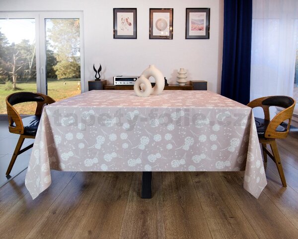 Ubrus PVC 7744310, metráž, 20 m x 140 cm, pampelišky na světle hnědém podkladu, IMPOL TRADE