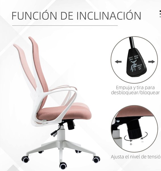 Otáčecí kancelářská židle Vinsetto pro mládež s výškově nastavitelnou funkcí houpání, opěrkami a vysokým opěradlem 62x56x110-119,5 cm Růžová | Aosom