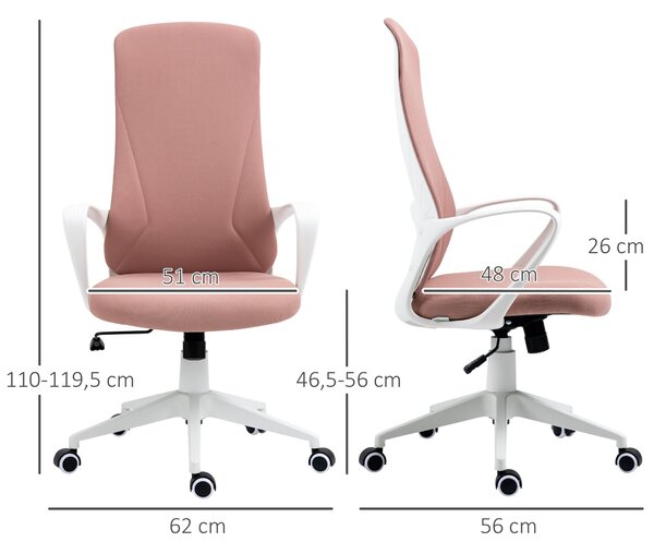 Otáčecí kancelářská židle Vinsetto pro mládež s výškově nastavitelnou funkcí houpání, opěrkami a vysokým opěradlem 62x56x110-119,5 cm Růžová | Aosom