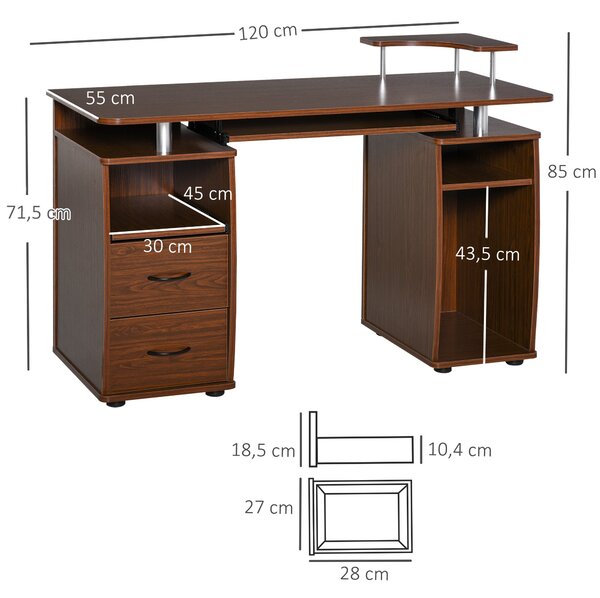 HOMCOM 120 cm Počítačový Stůl s Více Policemi, 2 Zásuvkami, Podložkou na Klávesnici, Stojanem na Monitor a Držákem pro CPU 120x55x85 cm Hnědý | Aosom