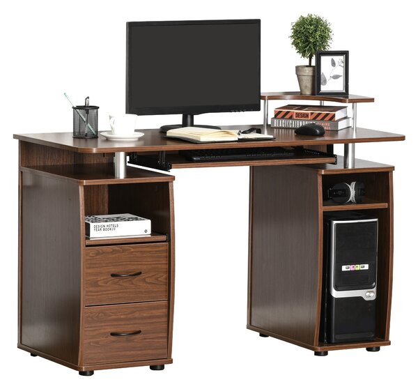 HOMCOM 120 cm Počítačový Stůl s Více Policemi, 2 Zásuvkami, Podložkou na Klávesnici, Stojanem na Monitor a Držákem pro CPU 120x55x85 cm Hnědý | Aosom